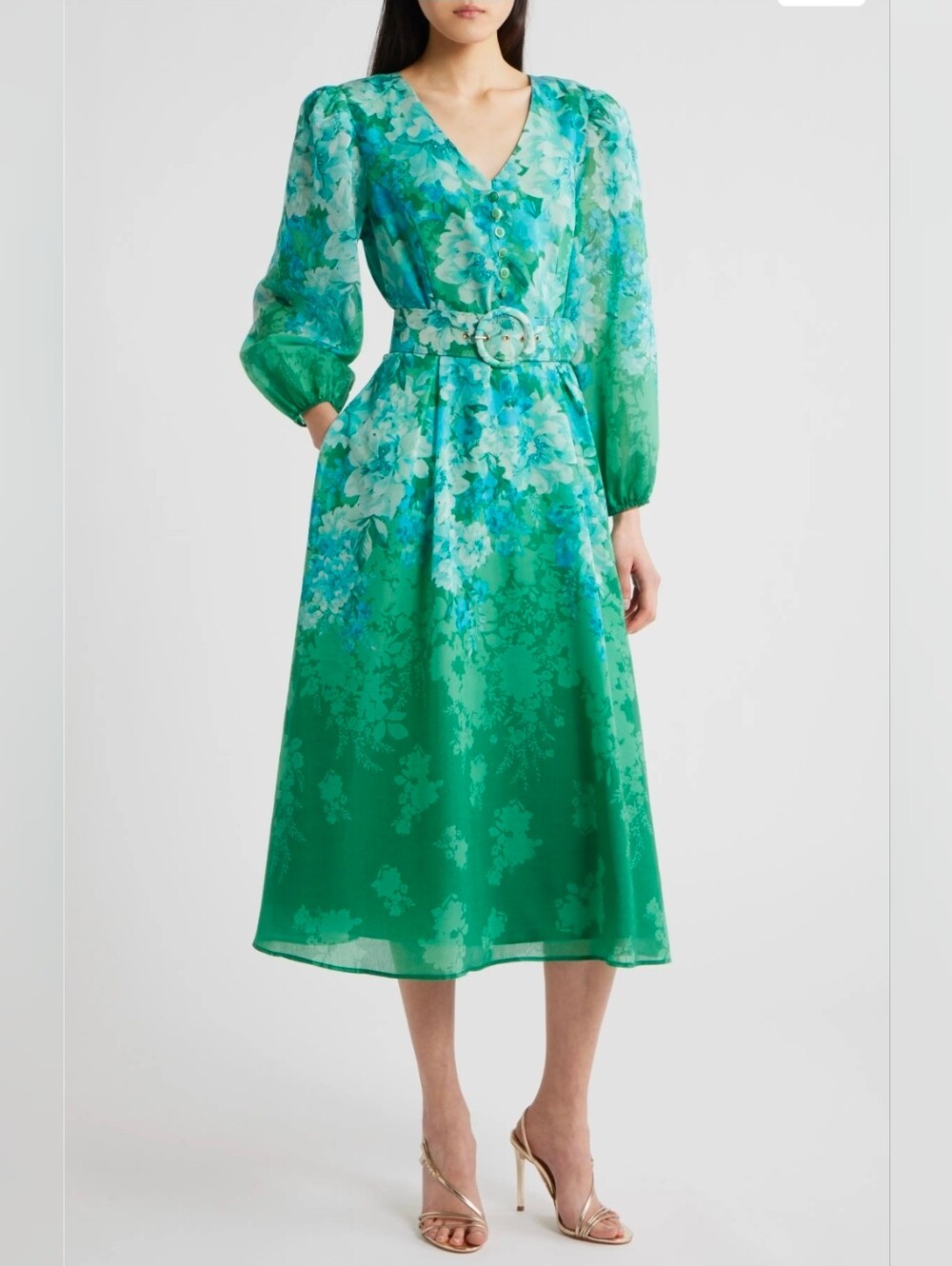 Tahari ASL Petite Printed Long-Sleeve Belted Dress Green Floral V-Neck Size 10